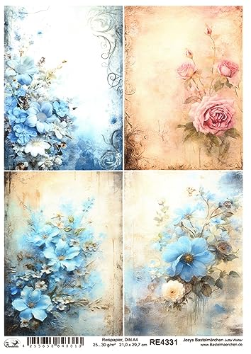 Josys Bastelmärchen Reispapier A4 Strohseide Vintage Scrapbooking Blaue Blumen Shabby Chic RE4331 von Josys Bastelmärchen