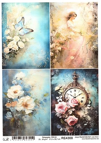 Josys Bastelmärchen Reispapier A4 Strohseide Vintage Scrapbooking Blumen Frau Uhr Shabby Chic RE4300 von Josys Bastelmärchen