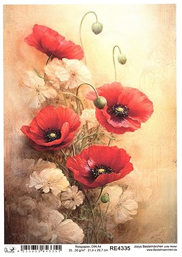Josys Bastelmärchen Reispapier A4 Strohseide Vintage Scrapbooking Blumen Mohnblumen RE4335 von Josys Bastelmärchen