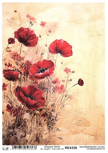 Josys Bastelmärchen Reispapier A4 Strohseide Vintage Scrapbooking Blumen Mohnblumen RE4336 von Josys Bastelmärchen