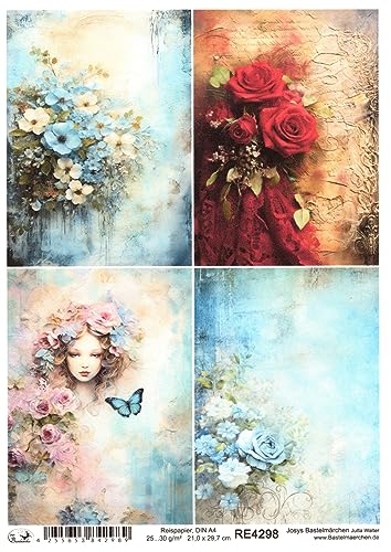 Josys Bastelmärchen Reispapier A4 Strohseide Vintage Scrapbooking Blumen Rosen Portrait RE4298 von Josys Bastelmärchen