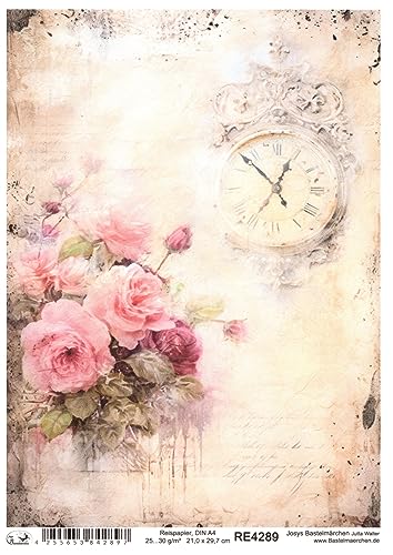 Josys Bastelmärchen Reispapier A4 Strohseide Vintage Scrapbooking Blumen Rosen Uhr Shabby RE4289 von Josys Bastelmärchen