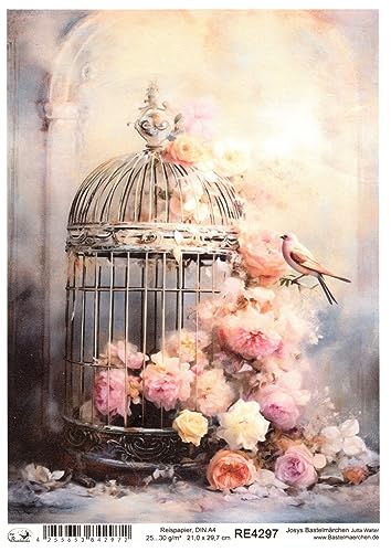 Josys Bastelmärchen Reispapier A4 Strohseide Vintage Scrapbooking Blumen Vogelkäfig Shabby RE4297 von Josys Bastelmärchen