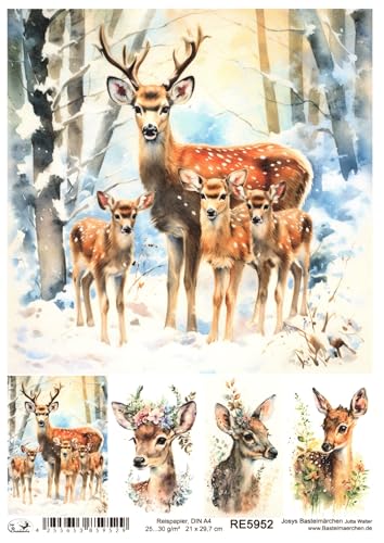 Josys Bastelmärchen Reispapier A4 Strohseide Weihnachten Vintage REH Rehkitz Blumen RE5952 von Josys Bastelmärchen