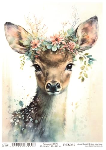 Josys Bastelmärchen Reispapier A4 Strohseide Weihnachten Vintage REH Rehkitz Blumen RE5962 von Josys Bastelmärchen