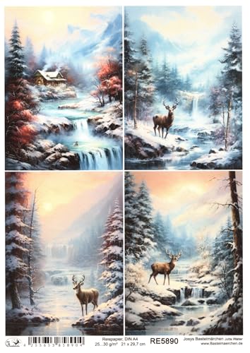 Josys Bastelmärchen Reispapier A4 Strohseide Weihnachten Winterlandschaft REH Hirsch See RE5890 von Josys Bastelmärchen