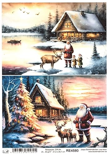 Josys Bastelmärchen Reispapier A4 Strohseide Winterlandschaft See Nikolaus Weihnachten Hirsch RE4580 von Josys Bastelmärchen