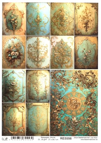Josys Bastelmärchen Reispapier A4 Strohseide kleine Bilder Vintage Gold Muster Damast Blumen RE5556 von Josys Bastelmärchen