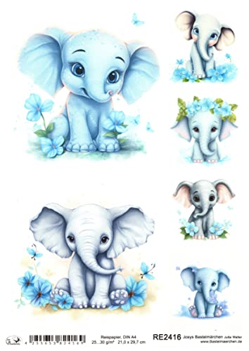 Josys Bastelmärchen Reispapier A4 Strohseide süßer Elefant Kind Baby blau Junge RE2416 von Josys Bastelmärchen
