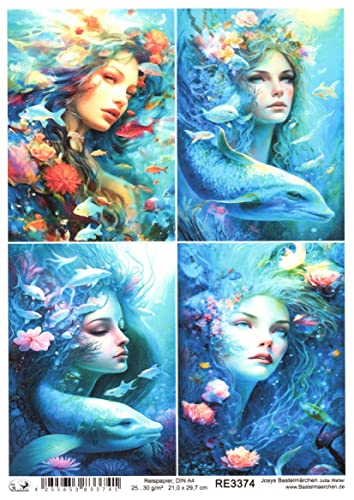 Josys Bastelmärchen Reispapier A4 Strohseide unter Wasser Nixe Meerjungfrau Fische Fantasy RE3374 von Josys Bastelmärchen