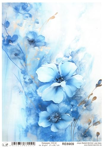 Josys Bastelmärchen Reispapier DIN A4 Strohseide Decoupage Motiv Blaue weiße Blumen Blüten RE6909 von Josys Bastelmärchen