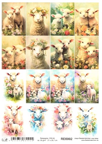 Josys Bastelmärchen Reispapier DIN A4 Strohseide Decoupage Motiv Ostern Schaf Lamm Blumen RE6992 von Josys Bastelmärchen