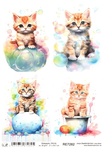 Josys Bastelmärchen Reispapier DIN A4 Strohseide Decoupage Motiv süße Katze Seifenblasen RE7282 von Josys Bastelmärchen