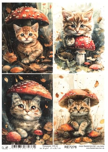 Josys Bastelmärchen Reispapier DIN A4 Strohseide Decoupage Motiv süße Katze unter Fliegenpilz RE7276 von Josys Bastelmärchen