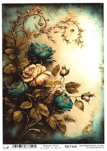 Josys Bastelmärchen Reispapier DIN A4 Strohseide Decoupage Ornament Gold Patina Blumenmuster RE7349 von Josys Bastelmärchen