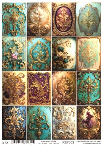 Josys Bastelmärchen Reispapier DIN A4 Strohseide Decoupage Ornament Gold Patina Blumenmuster RE7352 von Josys Bastelmärchen