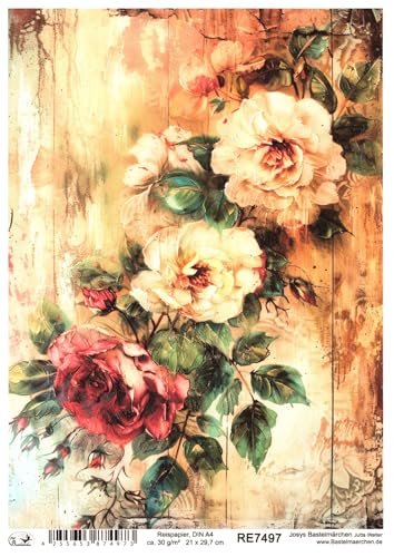 Josys Bastelmärchen Reispapier DIN A4 Strohseide Decoupage Vintage Rosen auf Holz RE7497 von Josys Bastelmärchen