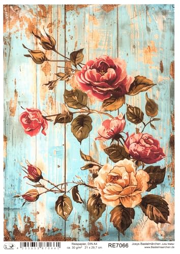 Josys Bastelmärchen Reispapier DIN A4 Strohseide Decoupage Vintage Shabby Blumen Rosen Holz RE7066 von Josys Bastelmärchen