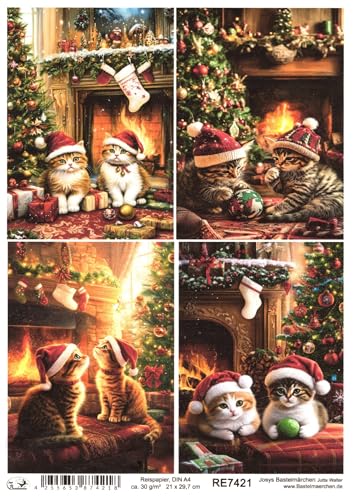 Josys Bastelmärchen Reispapier DIN A4 Strohseide Decoupage Weihnachten Katzen vor Kamin RE7421 von Josys Bastelmärchen