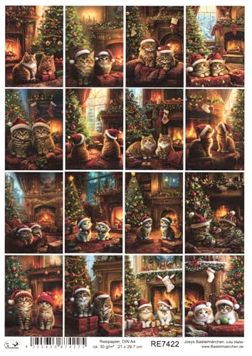 Josys Bastelmärchen Reispapier DIN A4 Strohseide Decoupage Weihnachten Katzen vor Kamin RE7422 von Josys Bastelmärchen