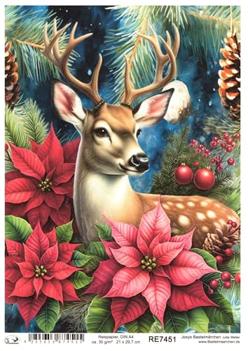 Josys Bastelmärchen Reispapier DIN A4 Strohseide Decoupage Weihnachten REH Weihnachtsstern RE7451 von Josys Bastelmärchen