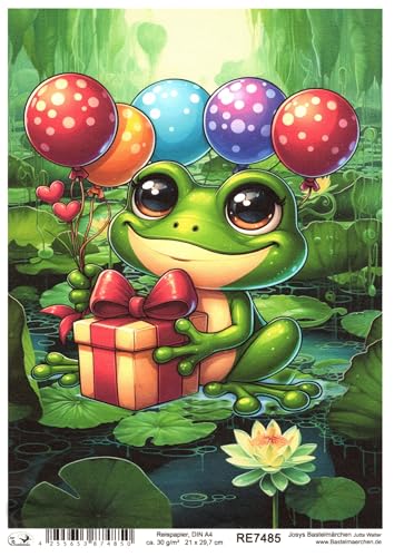 Josys Bastelmärchen Reispapier DIN A4 Strohseide Decoupage lustiger Frosch Teich Luftballon RE7485 von Josys Bastelmärchen