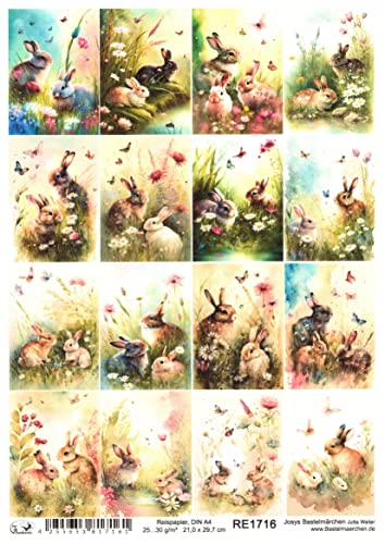 Reispapier A4 Strohseide Decoupage Hasen Häschen Wiese Blumen Ostern RE1716 von Josys Bastelmärchen