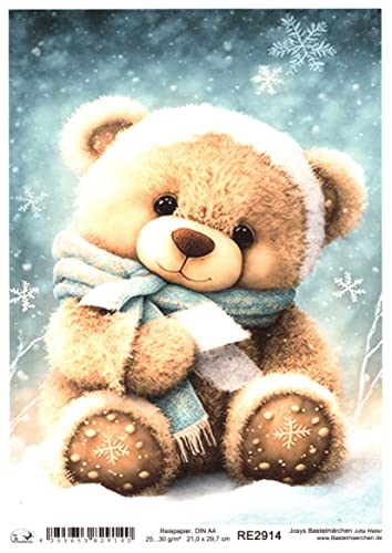 Reispapier A4 Strohseide Decoupage Weihnachten Teddy Bärchen Schnee RE2914 von Josys Bastelmärchen