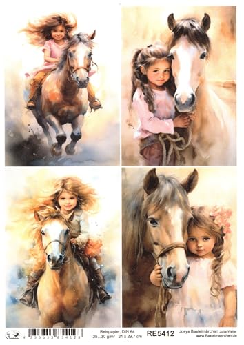 Reispapier A4 Strohseide Decoupage süßes Mädchen mit Pferd Blumen RE5412 von Josys Bastelmärchen