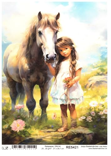 Reispapier A4 Strohseide Decoupage süßes Mädchen mit Pferd Wiese Blumen RE5421 von Josys Bastelmärchen