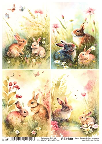 Reispapier A4 Strohseide Ostern Häschen Hasen Wiese Blumen Schmetterlinge RE1689 Reispapier A4 Strohseide Ostern Häschen Hasen Wiese Blumen Schmetterlinge RE1689 von Josys Bastelmärchen