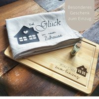 Set Zum Einzug // Geschenk Holzbrett Geschirrtuch/Richtfest Geschenkset Hausbau Eigenheim von JottZettLieblinge