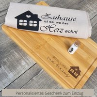 Set Zum Einzug // Geschenk Holzbrett Geschirrtuch/Richtfest Geschenkset Hausbau Eigenheim von JottZettLieblinge