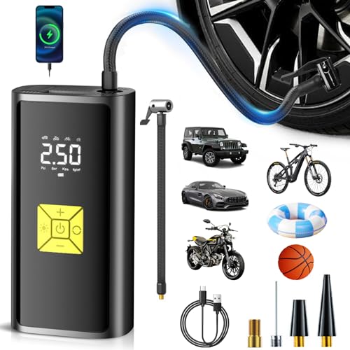 Journeyside Tragbare Elektrisch Luftpumpe für Auto 150 PSI,Elektrische Kompressor Tragbare 6000mAh mit Anzeige LED Licht als Taschenlampe und Powerbank,für alle Fahrräder Motorräder und Autos von Journeyside