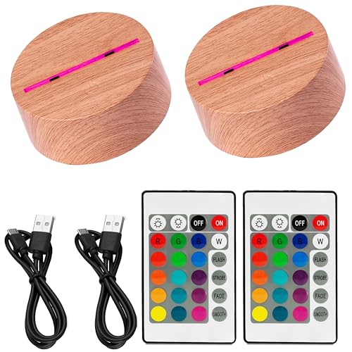 2x 3D LED Lichtsockel Nachtlicht Lampensockel in Holzoptik als Ersatz oder selber bauen. Inklusive Fernbedienung USB Kabel 3D Illusion Lampe 7 Farben. Als Deko Licht Sockel für Maker (2er Holzoptik) von jovalus