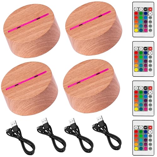 4x 3D LED Lichtsockel Nachtlicht Lampensockel in Holzoptik als Ersatz oder selber bauen. Inklusive Fernbedienung USB Kabel 3D Illusion Lampe 7 Farben. Als Deko Licht Sockel für Maker (4er Holzoptik) von jovalus