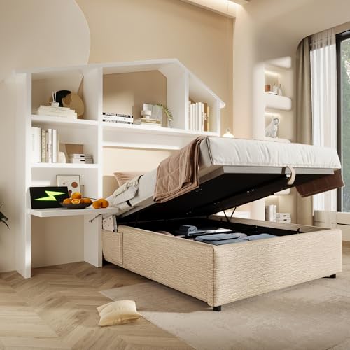 Bett 90x190 mit Bücherregal und USB Type-C-Ladefunktion, Kinderbett Hausbett Polsterbett mit Stauraum & Vollflächiger Lattenrost, Hydraulisch Einzelbett Stauraumbett, Leinen, ohne Matratze, Natürlich Bett 90x190 mit Bücherregal und USB Type-C-Ladefunktion, Kinderbett Hausbett Polsterbett mit Stauraum & Vollflächiger Lattenrost, Hydraulisch Einzelbett Stauraumbett, Leinen, ohne Matratze, Natürlich von Jovify