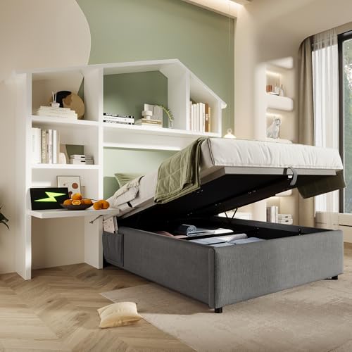 Bett 90x200 mit Bücherregal und USB Type-C-Ladefunktion, Kinderbett Hausbett Polsterbett mit Stauraum & Vollflächiger Lattenrost, Hydraulisch Einzelbett Stauraumbett, Leinen, ohne Matratze, Grau Bett 90x200 mit Bücherregal und USB Type-C-Ladefunktion, Kinderbett Hausbett Polsterbett mit Stauraum & Vollflächiger Lattenrost, Hydraulisch Einzelbett Stauraumbett, Leinen, ohne Matratze, Grau von Jovify