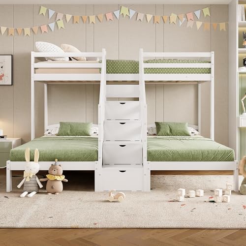 Dreierbett Etagenbett 90x200 für 3 Kinder, Dreifaches Hochbett mit Treppe und Stauraum, Kinderbett Funktionsbett Stockbett Jugendbett mit Rausfallschutz & Lattenrost, Kiefernholz, Ohne Matratze, Weiß Dreierbett Etagenbett 90x200 für 3 Kinder, Dreifaches Hochbett mit Treppe und Stauraum, Kinderbett Funktionsbett Stockbett Jugendbett mit Rausfallschutz & Lattenrost, Kiefernholz, Ohne Matratze, Weiß von Jovify