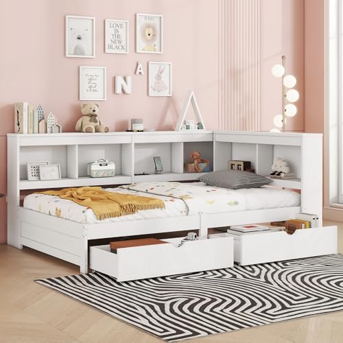 Einzelbett Holzbett 90x200 mit Steckdose & USB-Ladefunktion, Schlafsofa Bett mit Staufach & 2 Schubladen, Stauraumbett Tagesbett Gästebett Jugendbett Kinderbett mit Lattenrost, ohne Matratze, Weiß von Jovify