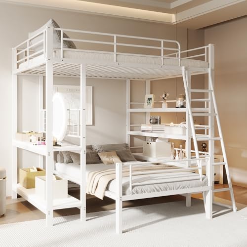 Etagenbett 140x200, Kinderbett Hochbett aus Metall, Funktionsbett Doppelbett Stockbett Bettgestell mit Ablagefächern und integrierten Schreibtisch, Jugendhochbett mit Rausfallschutz & Lattenrost,Weiß von Jovify