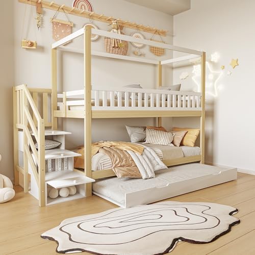 Etagenbett 90x200, Kinderbett Hochbett mit Stauraumtreppe und Ausziehbett, Massivholz Doppelbett Funktionsbett Stockbett Kinderhochbett Jugendhochbett mit Rausfallschutz und Lattenrost, Ohne Matratze Etagenbett 90x200, Kinderbett Hochbett mit Stauraumtreppe und Ausziehbett, Massivholz Doppelbett Funktionsbett Stockbett Kinderhochbett Jugendhochbett mit Rausfallschutz und Lattenrost, Ohne Matratze von Jovify