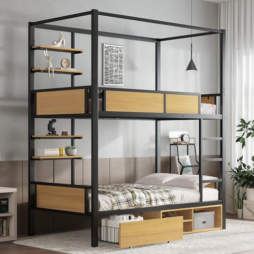 Etagenbett 90x200 Himmelbett Metallbett für 2 Kinder Kinderbett Hochbett mit Stauraumschrank&Regal&Schublade Funktionsbett Stockbett Jugendhochbett mit Lattenrost&Rausfallschutz Ohne Matratze Schwarz Etagenbett 90x200 Himmelbett Metallbett für 2 Kinder Kinderbett Hochbett mit Stauraumschrank&Regal&Schublade Funktionsbett Stockbett Jugendhochbett mit Lattenrost&Rausfallschutz Ohne Matratze Schwarz von Jovify