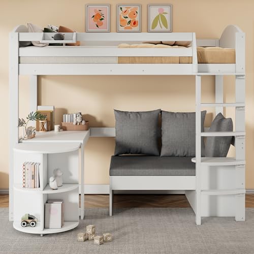 Etagenbett 90x200 Kinderbett Hochbett mit ausziehbarer Schreibtisch & Lagerregal, Sofa mit Stauraum und Kissen,Funktionsbett Stockbett Kinderhochbett Jugendhochbett mit Lattenrost,Ohne Matratze,Weiß Etagenbett 90x200 Kinderbett Hochbett mit ausziehbarer Schreibtisch & Lagerregal, Sofa mit Stauraum und Kissen,Funktionsbett Stockbett Kinderhochbett Jugendhochbett mit Lattenrost,Ohne Matratze,Weiß von Jovify