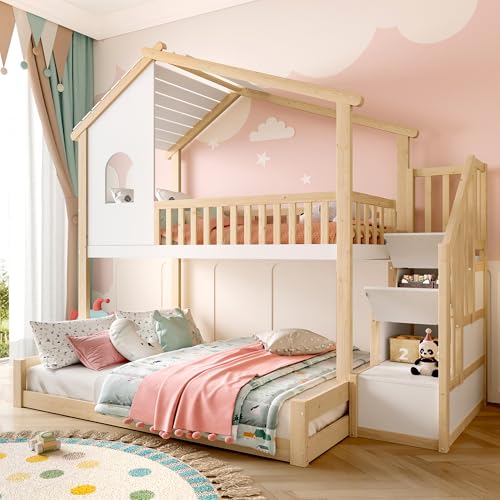 Etagenbett 90x200&140x200 Für 2-3 Kinder, Kinderbett Hochbett mit Treppe und Stauraum, Holzbett Hausbett Bodenbett Stockbett Jugendhochbett mit Rausfallschutz & Lattenrost, Ohne Matratze, Natur+Weiß Etagenbett 90x200&140x200 Für 2-3 Kinder, Kinderbett Hochbett mit Treppe und Stauraum, Holzbett Hausbett Bodenbett Stockbett Jugendhochbett mit Rausfallschutz & Lattenrost, Ohne Matratze, Natur+Weiß von Jovify