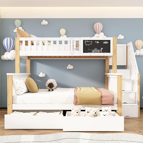 Etagenbett Kinderbett 90x200 & 140x200 für 3 Kinder, Hochbett mit 2 Schubladen und 4 Speicherung Treppe, Funktionsbett mit Rausfallschutz & Lattenrost, Stockbett Jugendbett, Ohne Matratze, Weiß+Eiche Etagenbett Kinderbett 90x200 & 140x200 für 3 Kinder, Hochbett mit 2 Schubladen und 4 Speicherung Treppe, Funktionsbett mit Rausfallschutz & Lattenrost, Stockbett Jugendbett, Ohne Matratze, Weiß+Eiche von Jovify