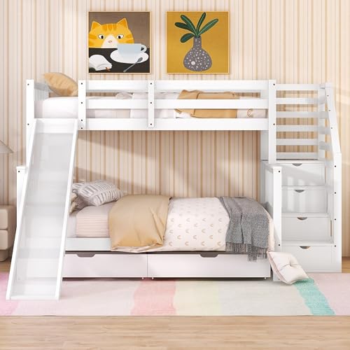Etagenbett für 3 Kinder, Kinderbett mit 2 Unterbett Schubladen und 3 Speicherung Treppe, 90x200cm +140x200cm Funktionsbett Stockbett Spielbett Hochbett Jugendbett mit Rutsche und Rausfallschutz (Weiß) von Jovify