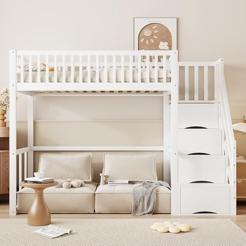 Hochbett 90x200, Etagenbett mit Treppe, Kinderbetten Stauraumbett Einzelbett Bettgestell aus Kiefernholz, Funktionsbett Stockbett Jugendhochbett mit Rausfallschutz und Lattenrost, ohne Matratze, Weiß Hochbett 90x200, Etagenbett mit Treppe, Kinderbetten Stauraumbett Einzelbett Bettgestell aus Kiefernholz, Funktionsbett Stockbett Jugendhochbett mit Rausfallschutz und Lattenrost, ohne Matratze, Weiß von Jovify