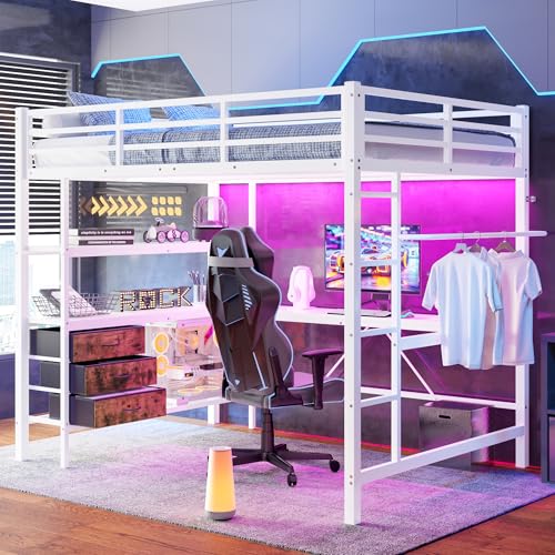 Hochbett Jugendbett 140x200 mit LED&USB-Ladefunktion, Kinderbett Etagenbett mit Schreibtisch&3 Schubladen&Regal&Kleiderstange&Lattenrost, Metallbett Funktionsbett Stockbett Spielbett Bettgestell,Weiß von Jovify