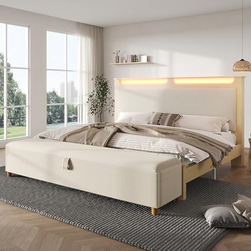 Holzbett Doppelbett mit Bettbank 160x200,Kopfteil mit Stauraum& LED-Beleuchtung& Beigefarbener Cordpolster-Rückenlehne,Jugendbett Erwachsenenbett Bettgestell mit Lattenrost,Ohne Matratze,Heller Eiche von Jovify
